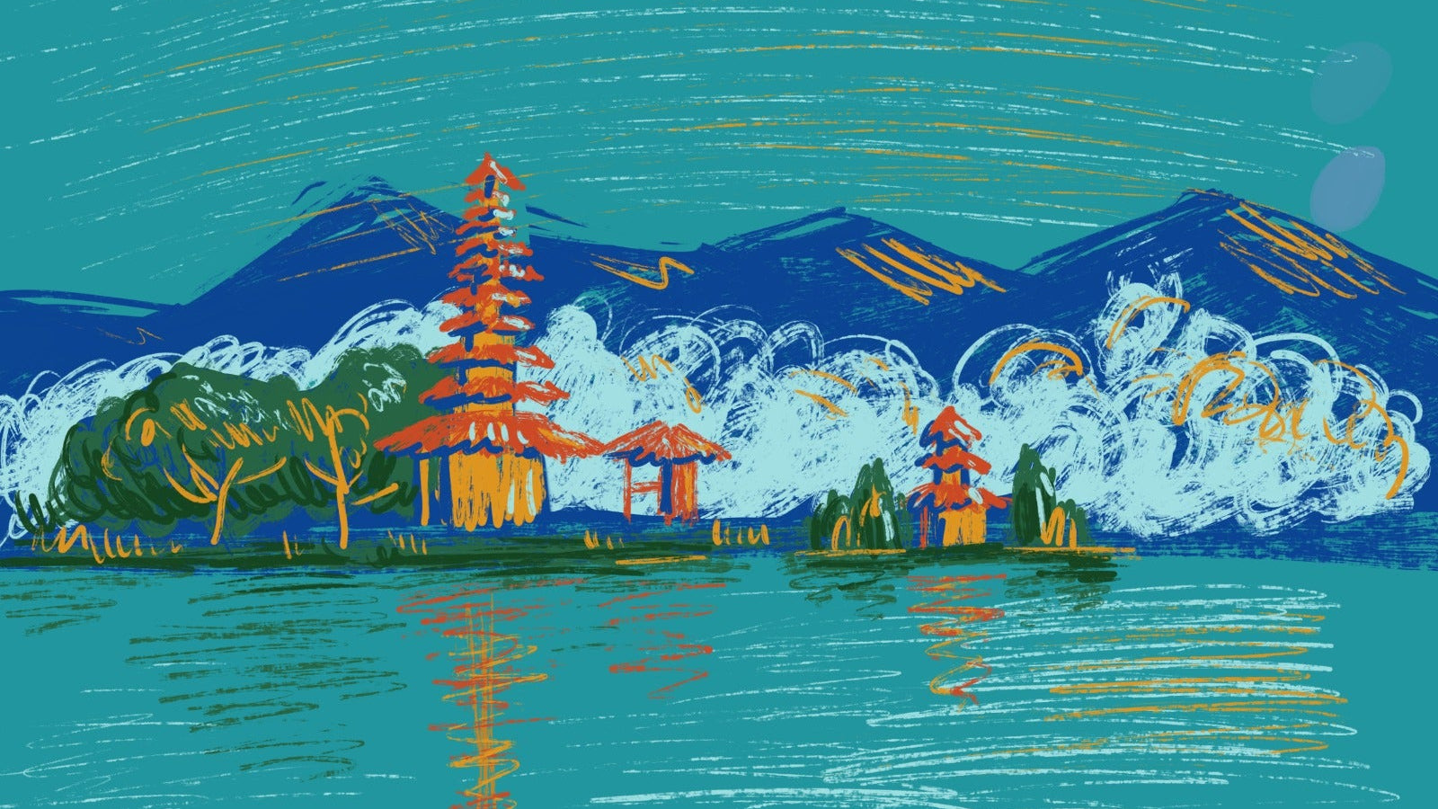 Illustration of a serene landscape with mountains, trees, and a building reflected in water.